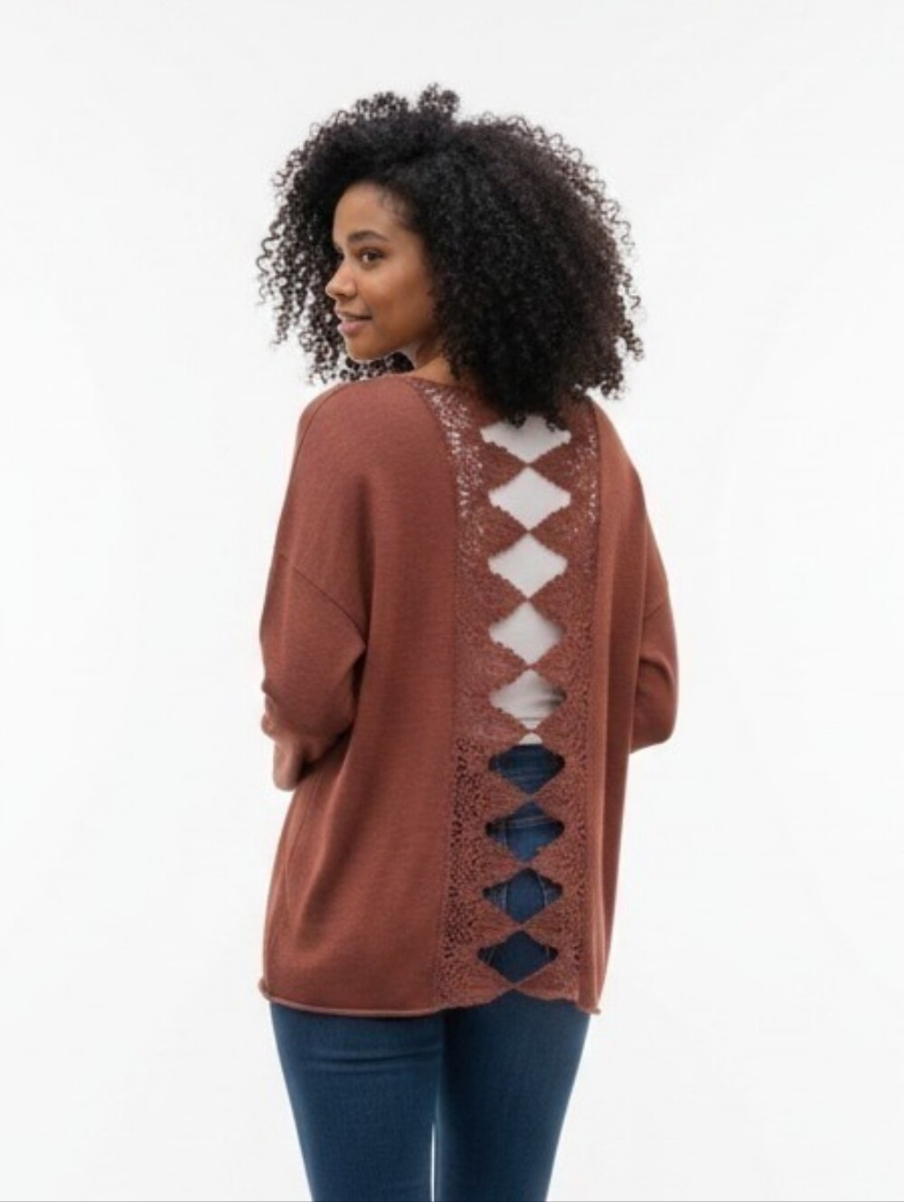 Elegant Rust Cowl Neck Sweater w/ Crochet Back Detail